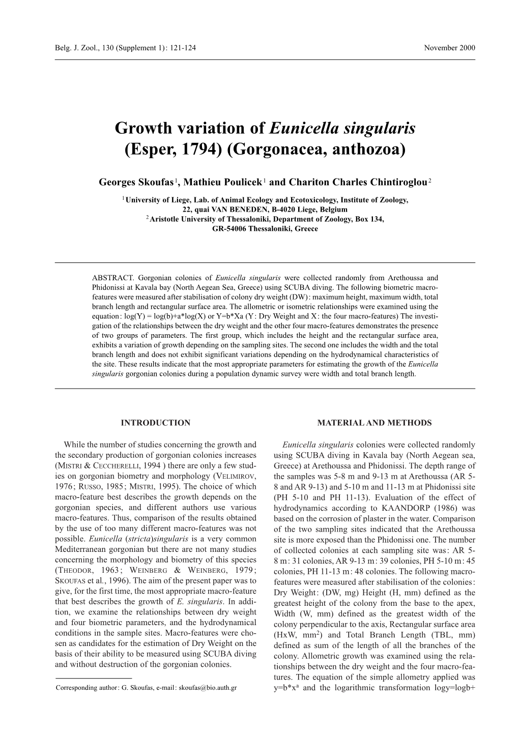 Growth Variation of Eunicella Singularis (Esper, 1794) (Gorgonacea, Anthozoa)