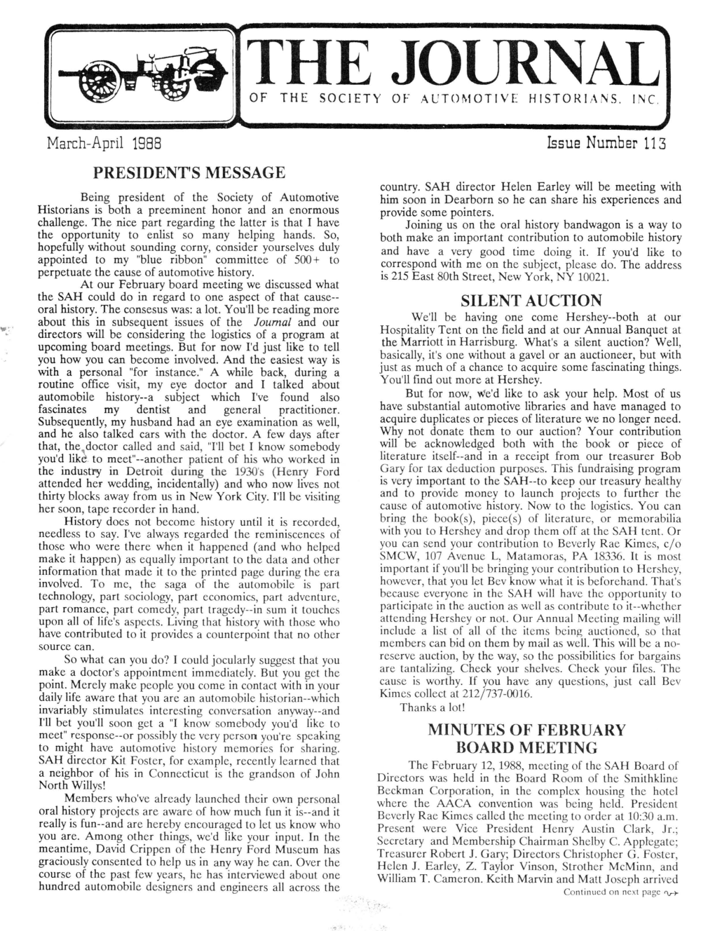 March-April 1888 Issue Number 113 PRESIDENT's MESSAGE Country