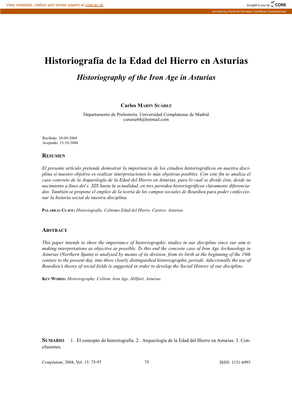 Historiografía De La Edad Del Hierro En Asturias Historiography of the Iron Age in Asturias