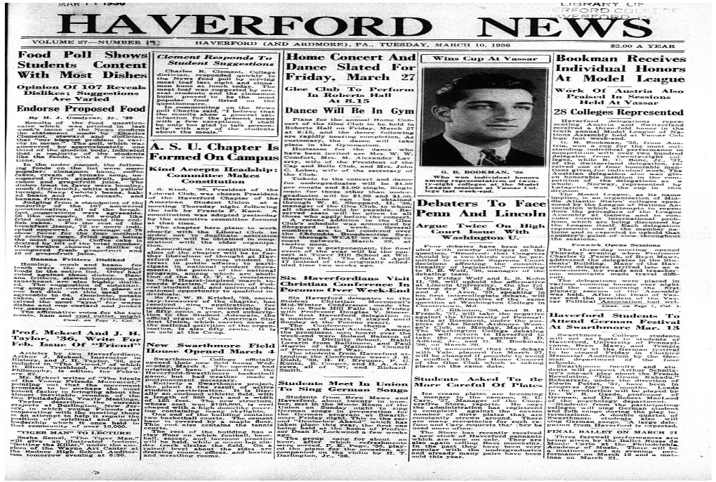 Haverford Ne S Volume 27—Number 11 Haverford (And Ardmore), Pa., Tuesday, March 10, 1936 $2.00 a Year