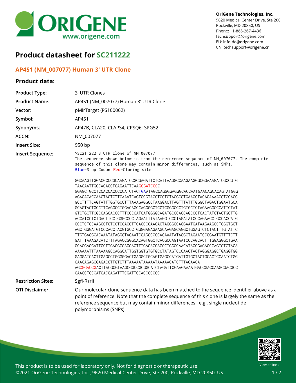 AP4S1 (NM 007077) Human 3' UTR Clone – SC211222 | Origene