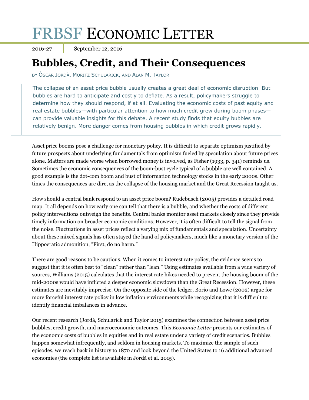 Bubbles, Credit, and Their Consequences