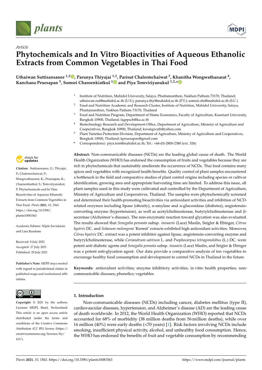 Phytochemicals and in Vitro Bioactivities of Aqueous Ethanolic Extracts from Common Vegetables in Thai Food