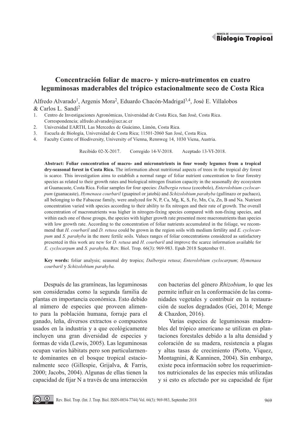 Concentración Foliar De Macro- Y Micro-Nutrimentos En Cuatro Leguminosas Maderables Del Trópico Estacionalmente Seco De Costa Rica