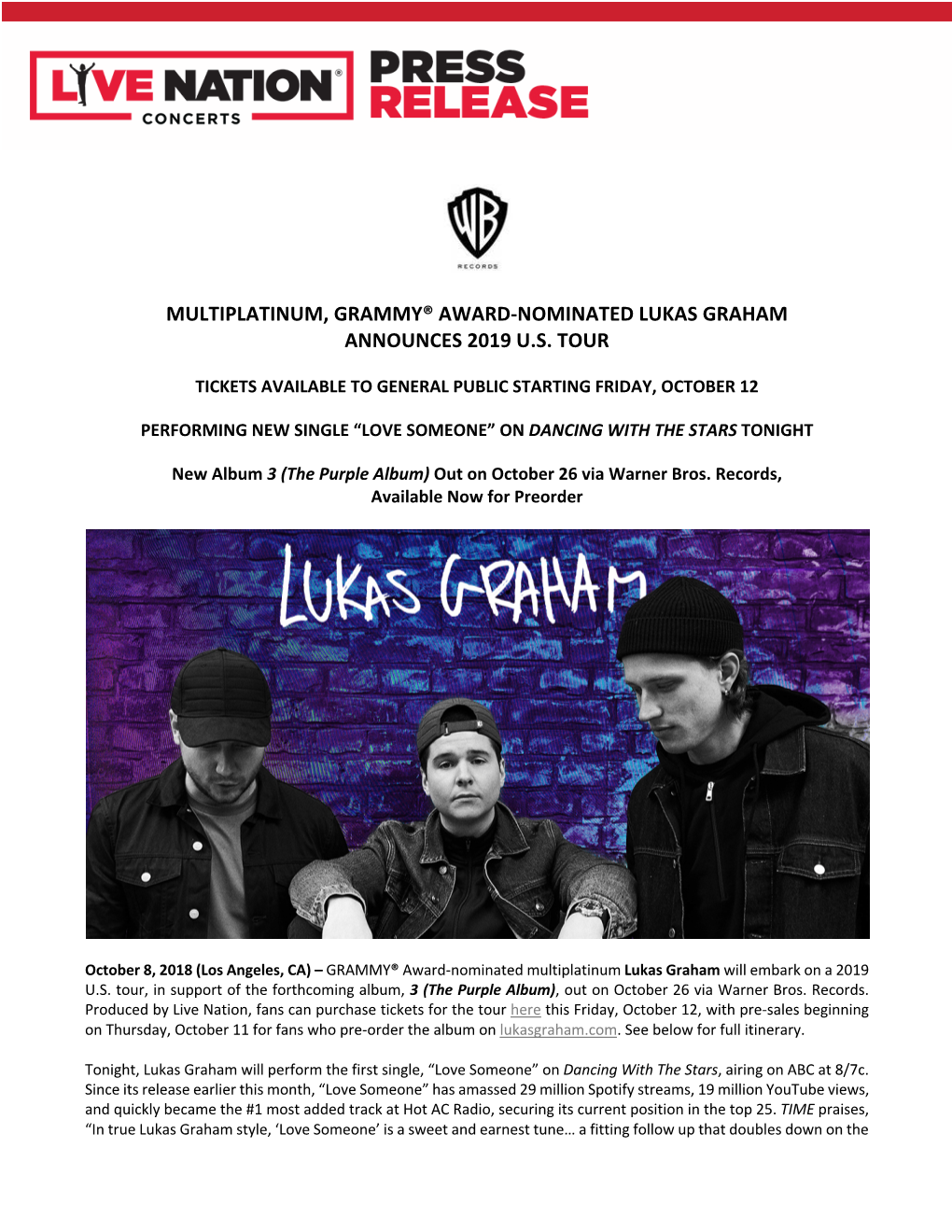 Multiplatinum, Grammy® Award-Nominated Lukas Graham Announces 2019 U.S