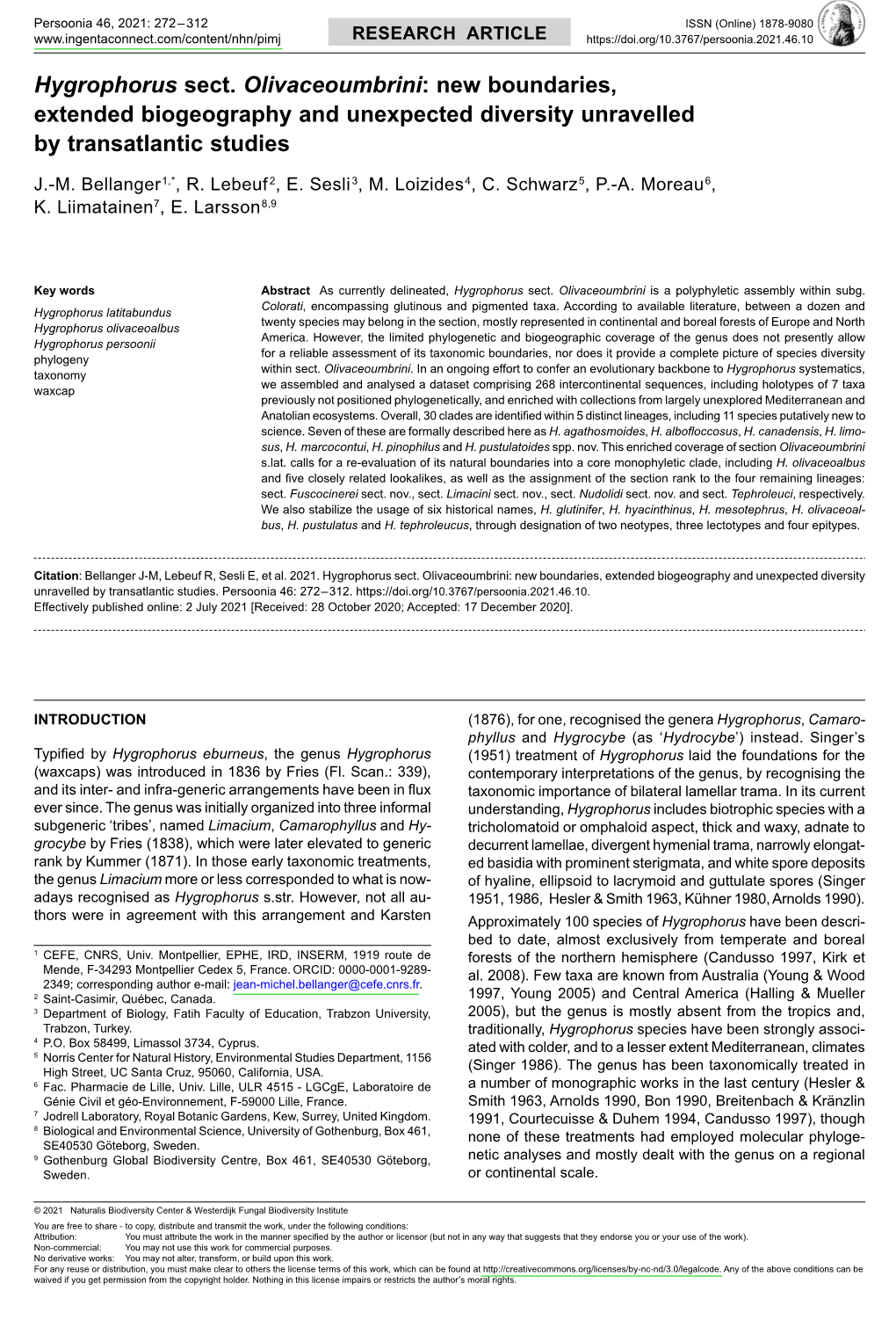 <I>Hygrophorus</I> Sect. <I>Olivaceoumbrini</I>: New Boundaries, Extended Biogeography and Unexpected Di