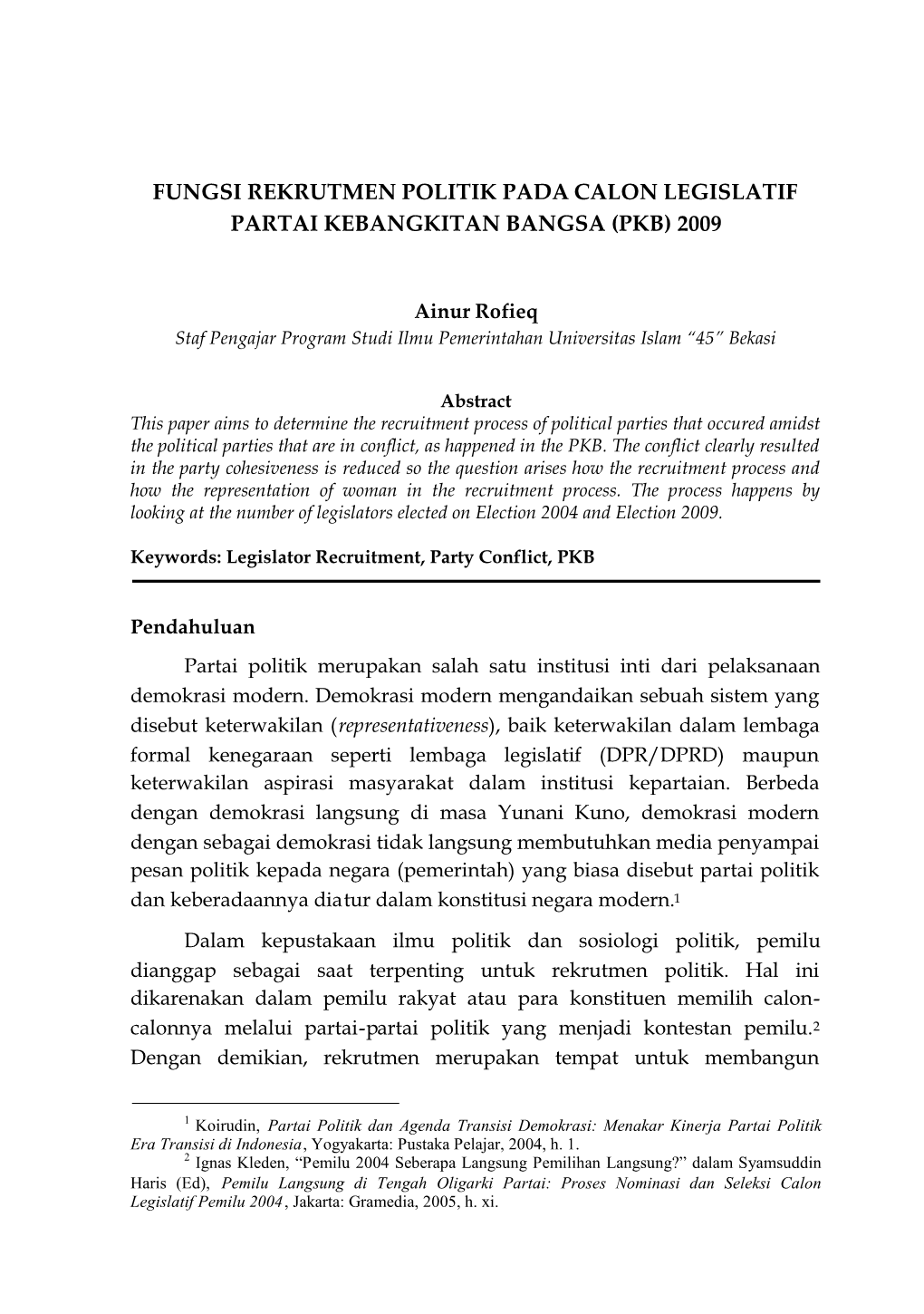 Fungsi Rekrutmen Politik Pada Calon Legislatif Partai Kebangkitan Bangsa (Pkb) 2009