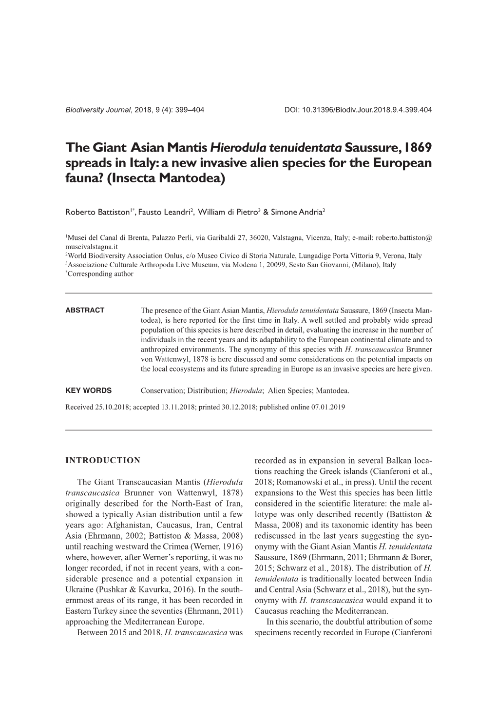 The Giant Asian Mantis Hierodula Tenuidentata Saussure, 1869 Spreads in Italy: a New Invasive Alien Species for the European Fauna? (Insecta Mantodea)
