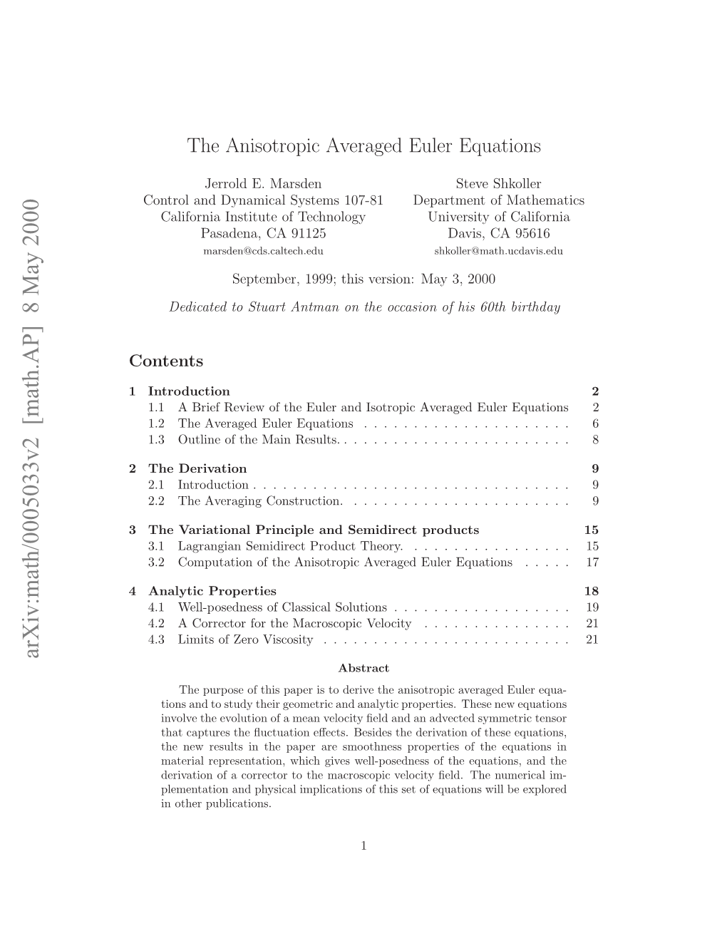 Arxiv:Math/0005033V2 [Math.AP] 8 May 2000