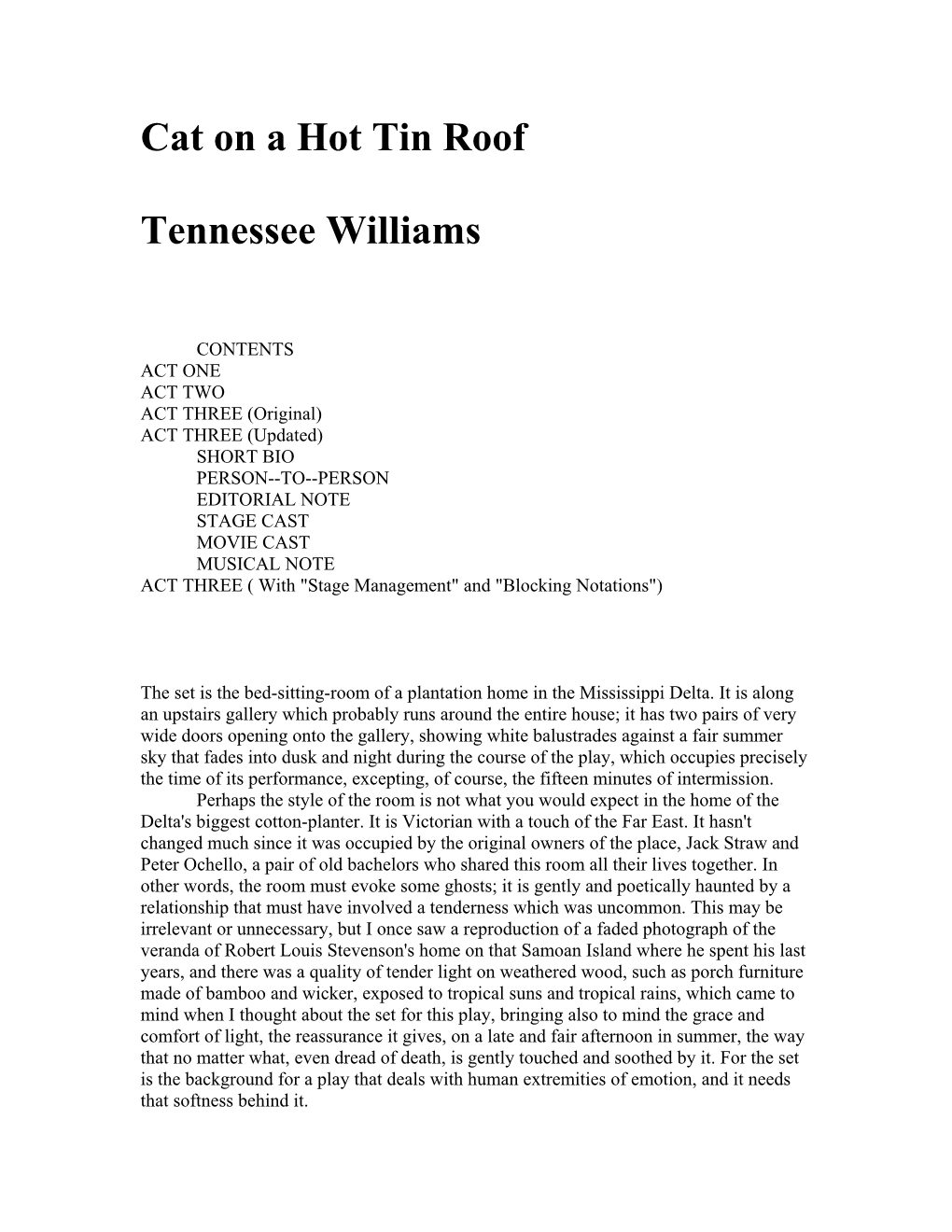 Cat on a Hot Tin Roof Tennessee Williams