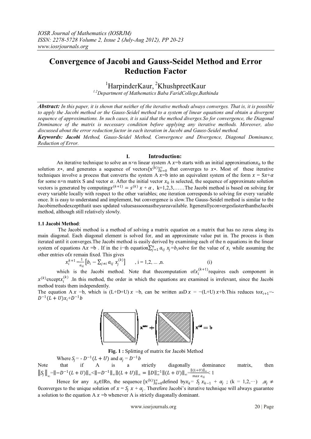 Convergence of Jacobi and Gauss-Seidel Method and Error Reduction Factor