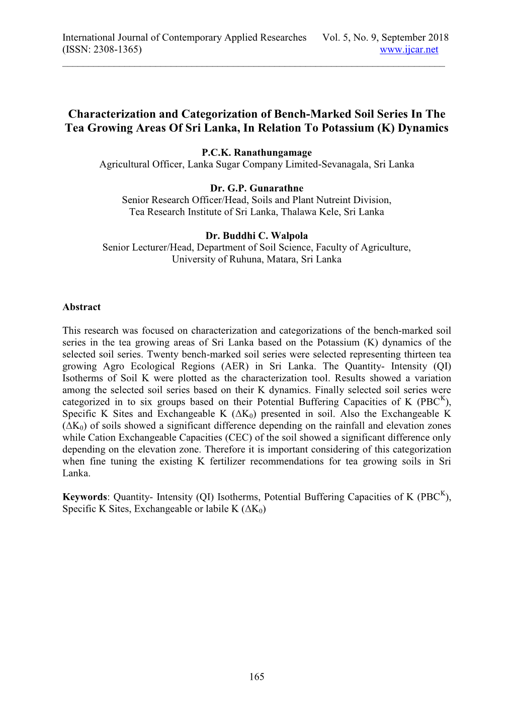 Characterization of Bench-Marked Soil Series in the Tea Growing Areas of Sri Lanka, in Relation to K Dynamics