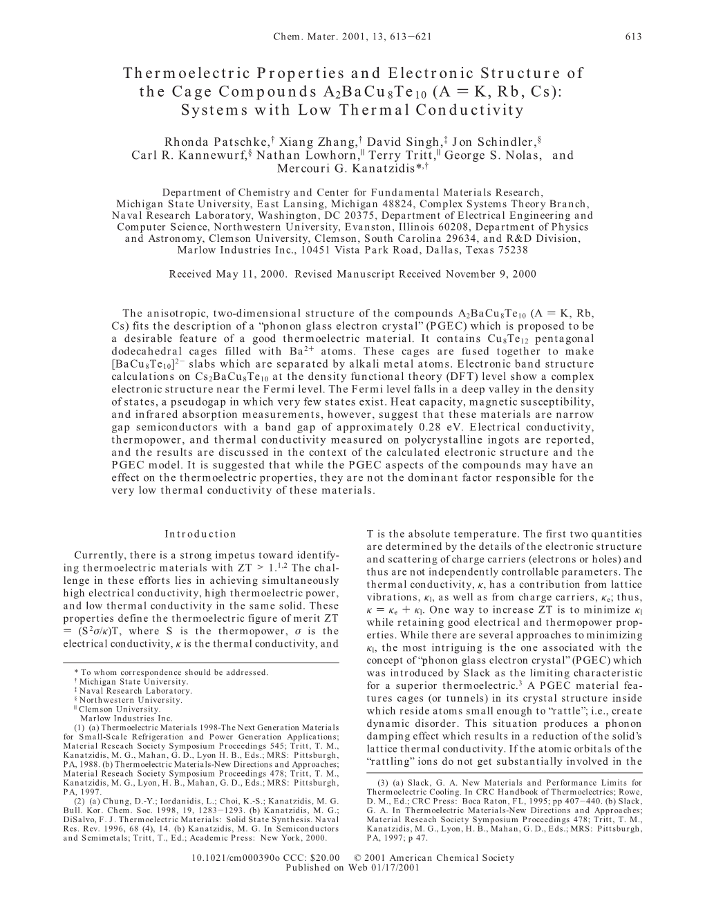 Thermoelectric Properties and Electronic Structure of the Cage Compounds A2bacu8te10 (A ) K, Rb, Cs): Systems with Low Thermal Conductivity