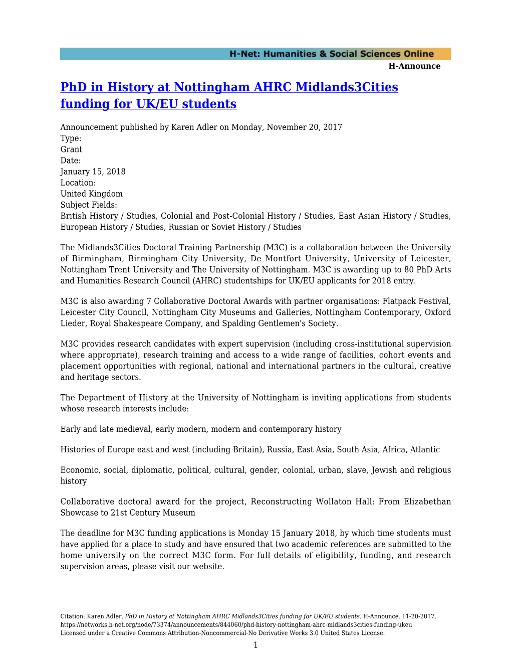 Phd in History at Nottingham AHRC Midlands3cities Funding for UK/EU Students