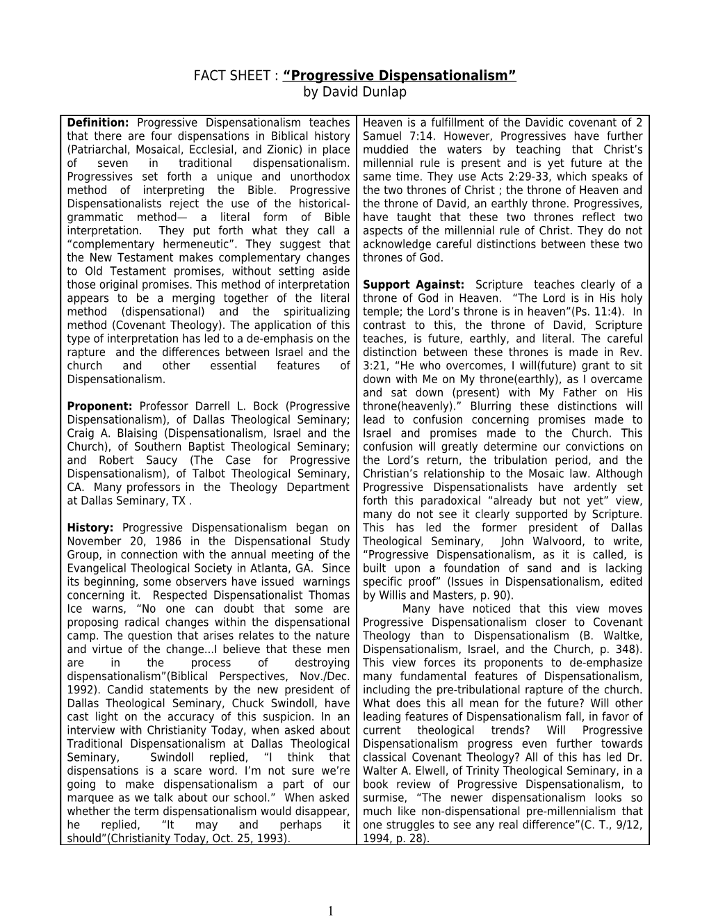 FACT SHEET : Progressive Dispensationalism