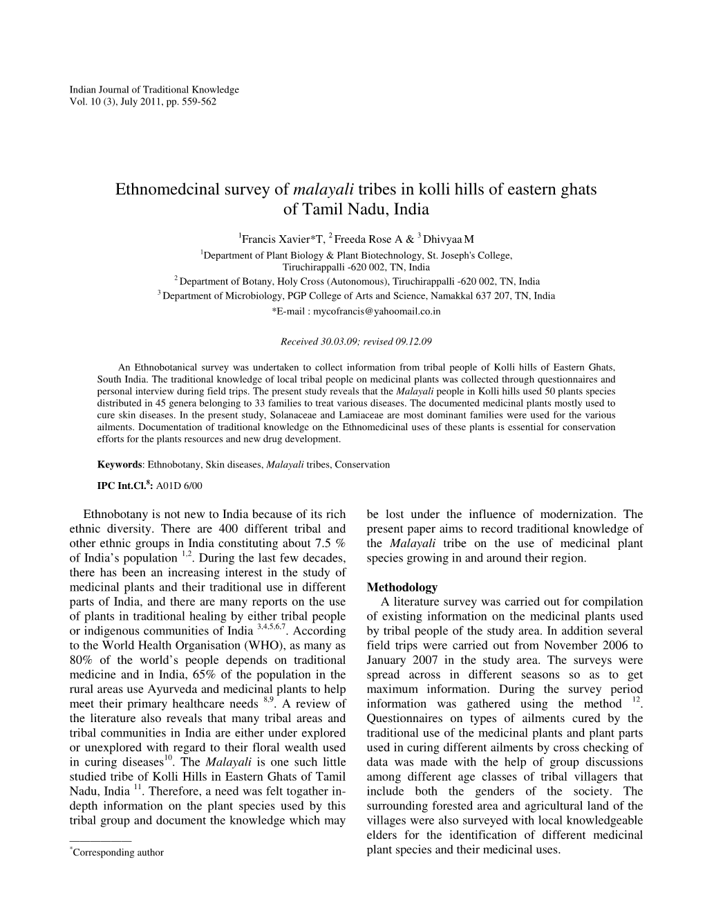 Ethnomedcinal Survey of Malayali Tribes in Kolli Hills of Eastern Ghats of Tamil Nadu, India