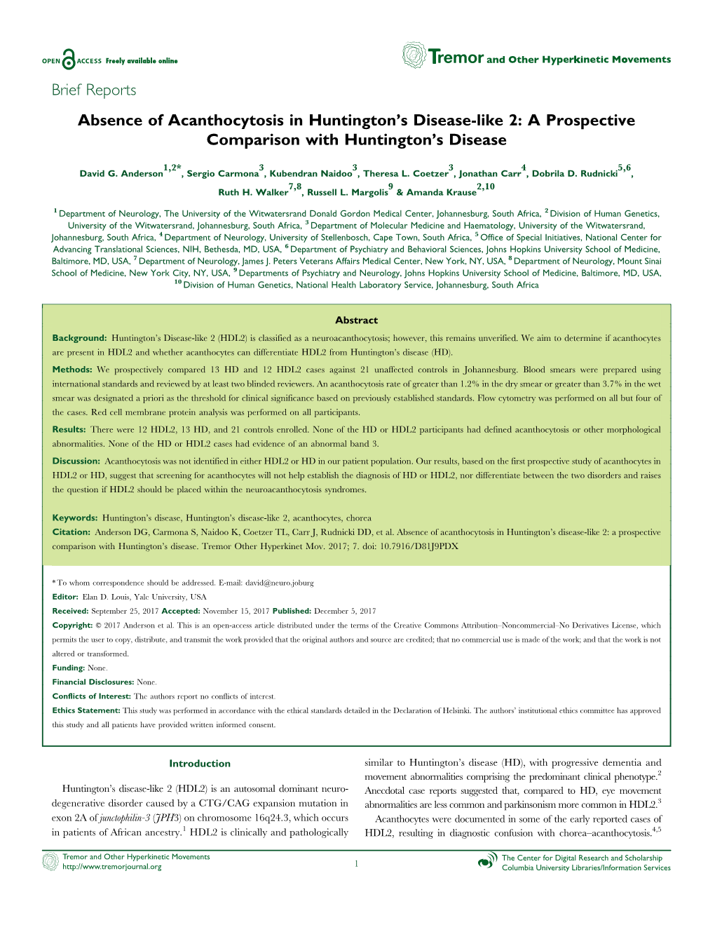 Brief Reports Absence of Acanthocytosis in Huntington's