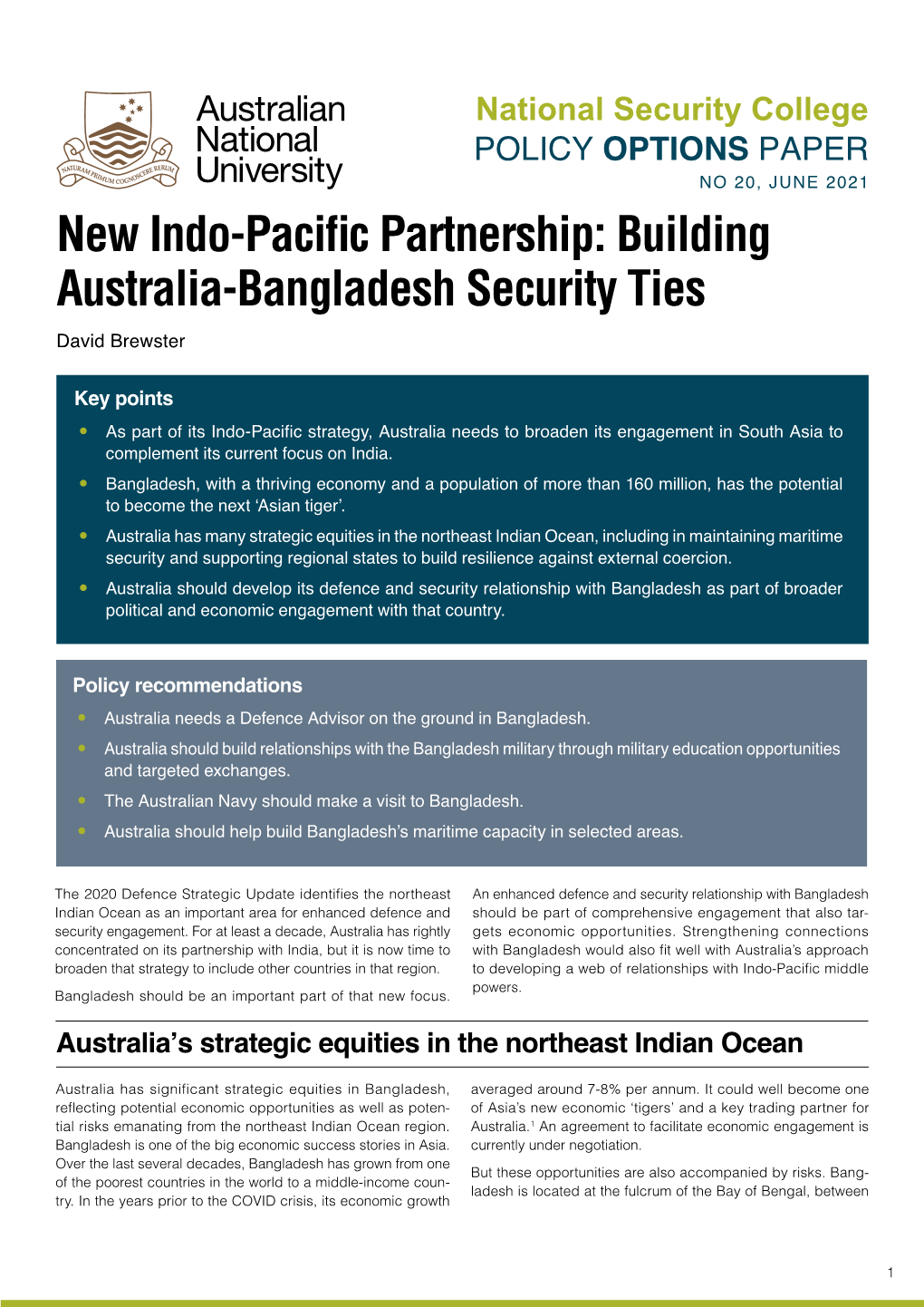 New Indo-Pacific Partnership: Building Australia-Bangladesh Security Ties David Brewster