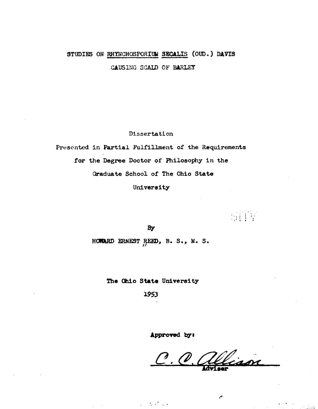 Studies on Rhynchosporium Secalis (Oud.) Davis