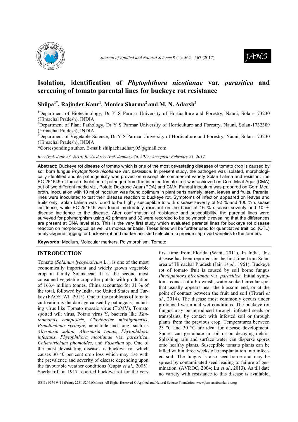 Isolation, Identification of Phytophthora Nicotianae Var