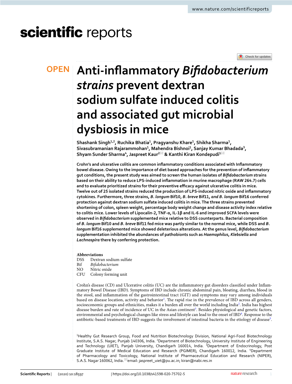 Anti-Inflammatory Bifidobacterium Strains Prevent Dextran Sodium