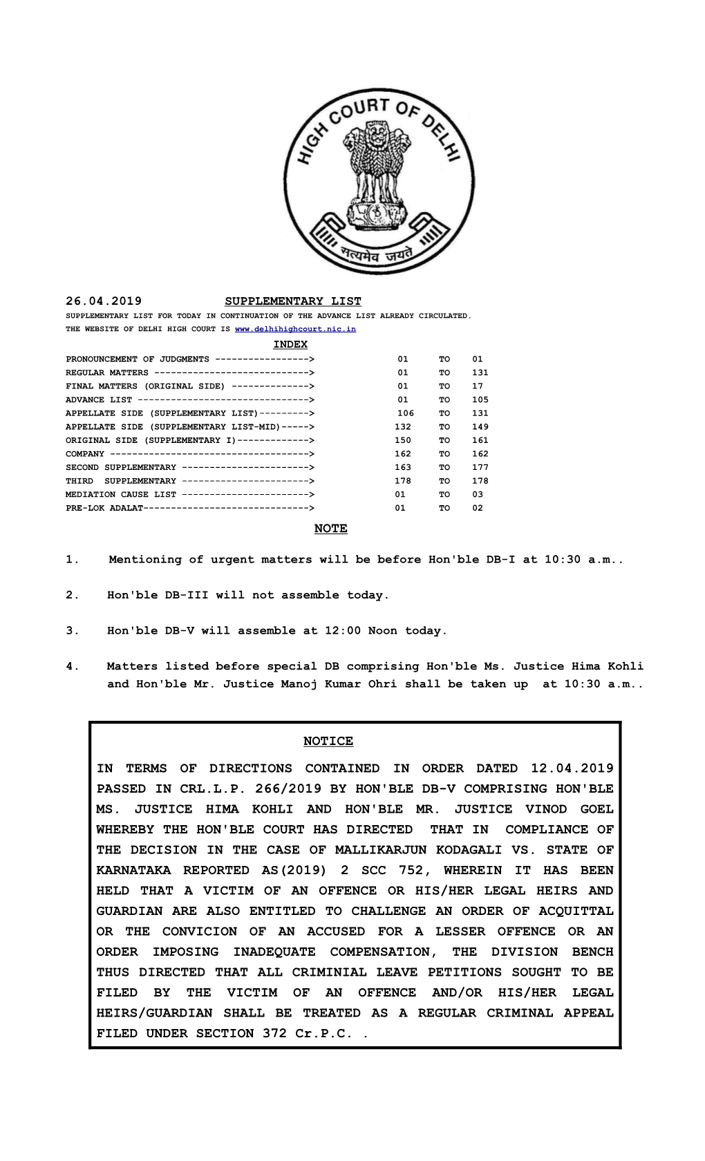 Note Notice in Terms of Directions Contained in Order Dated 12.04.2019 Passed in Crl.L.P. 266/2019 by Hon'ble Db-V Comprising Ho