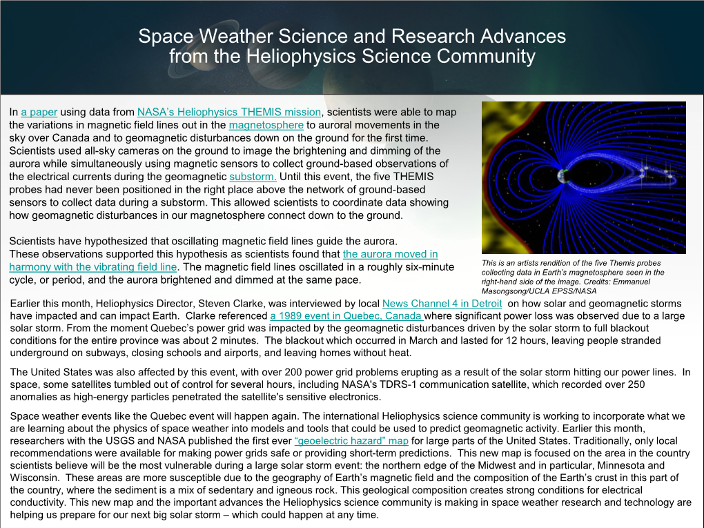 Space Weather Science and Research Advances from the Heliophysics Science Community