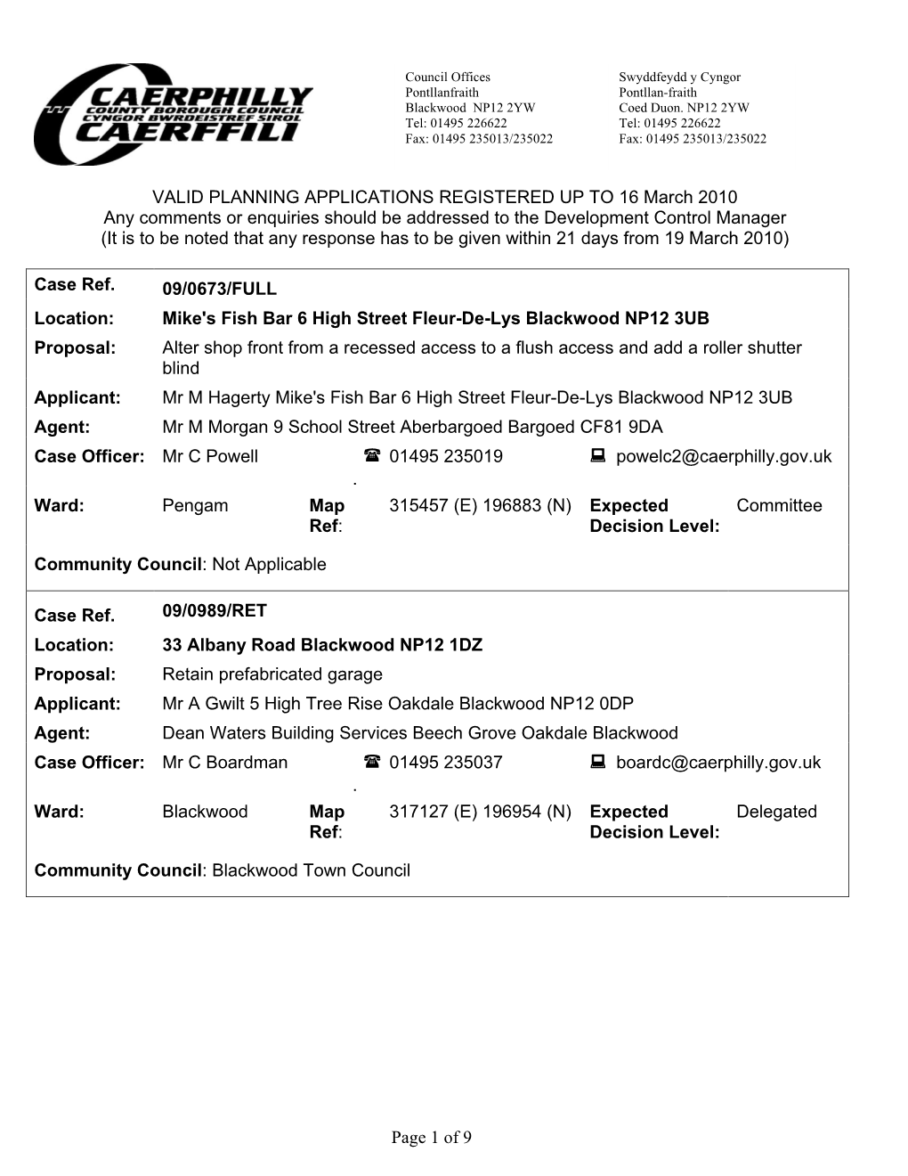 Page 1 of 9 VALID PLANNING APPLICATIONS REGISTERED UP