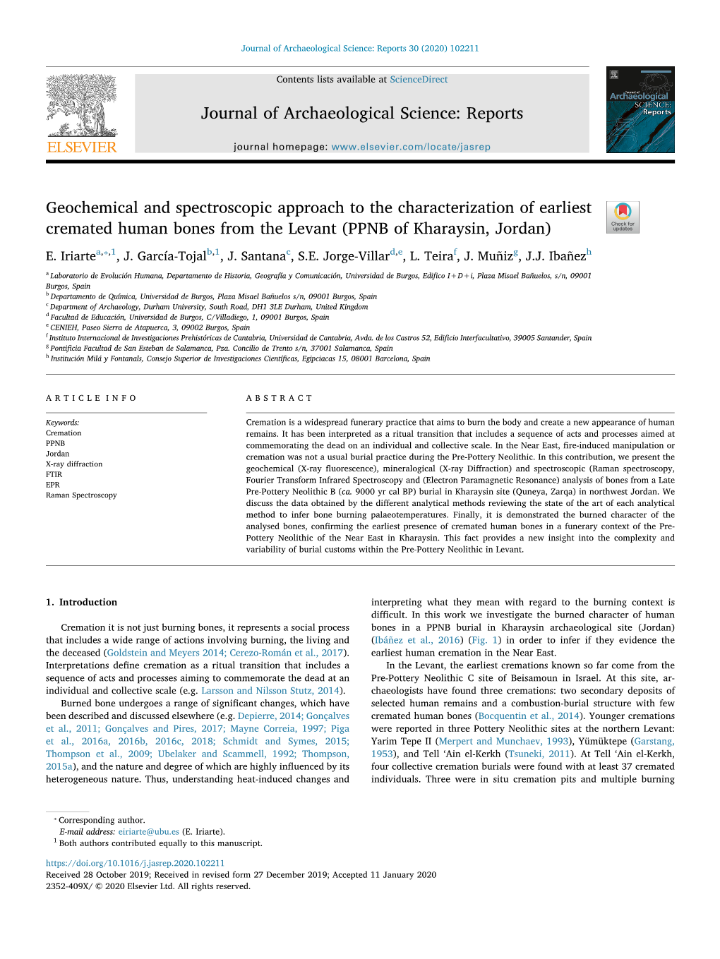 Geochemical and Spectroscopic Approach to the Characterization of Earliest Cremated Human Bones from the Levant (PPNB of Kharaysin, Jordan) T ⁎ E