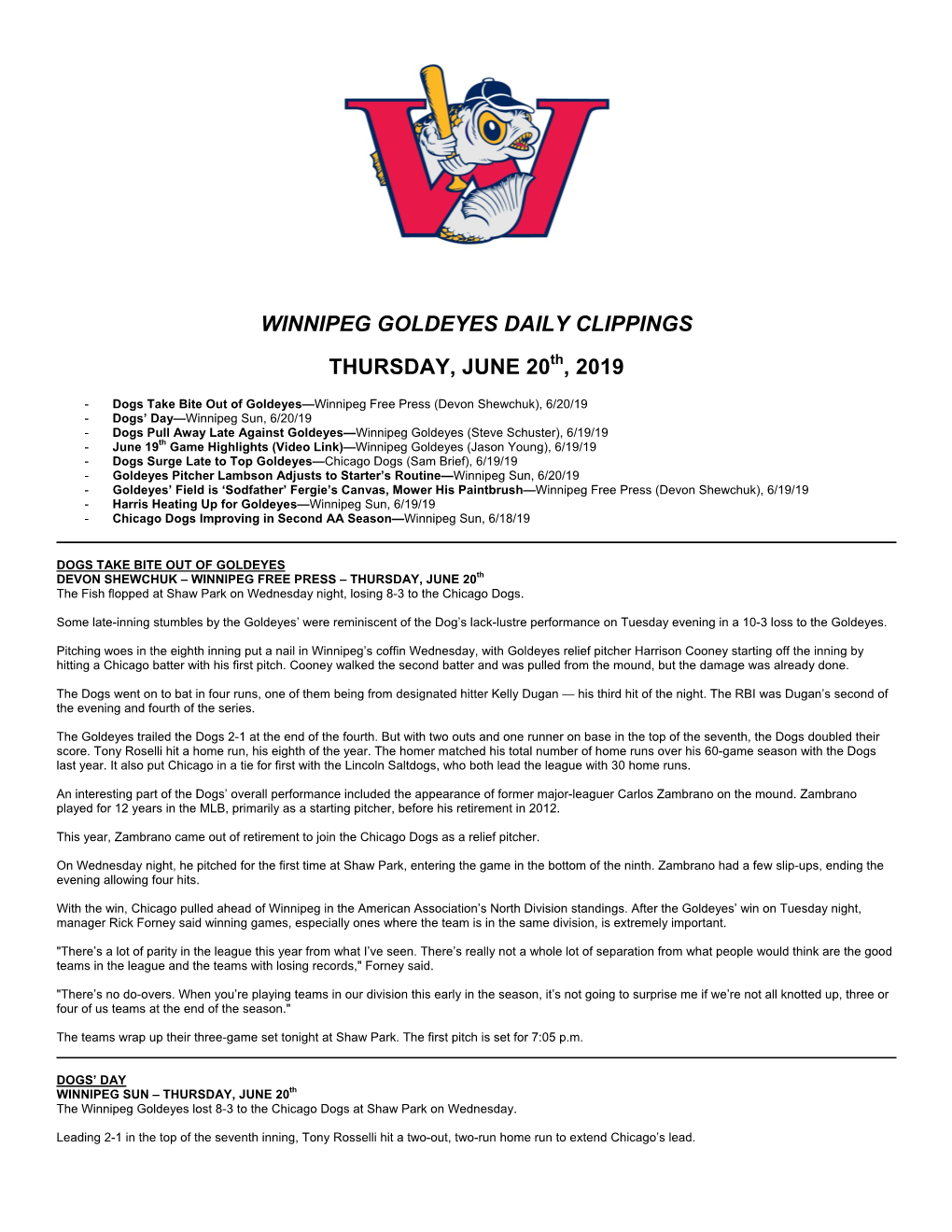 Winnipeg Goldeyes Daily Clippings Thursday, June 20