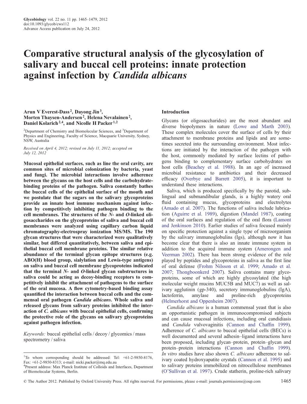 Comparative Structural Analysis of the Glycosylation of Salivary and Buccal Cell Proteins: Innate Protection Against Infection by Candida Albicans