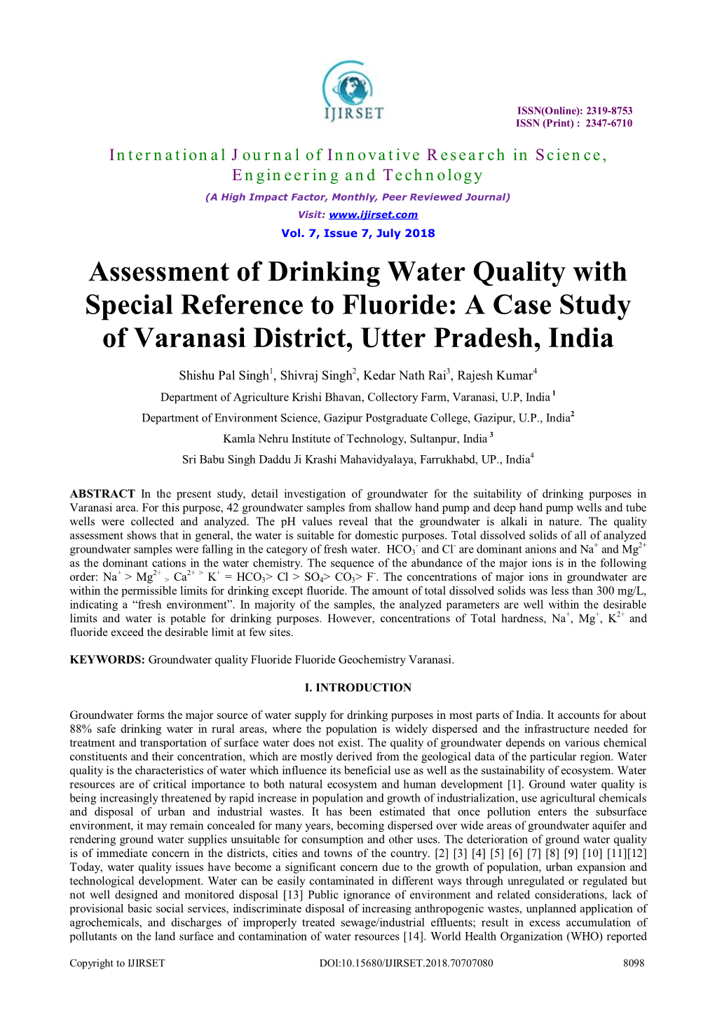 Assessment of Drinking Water Quality with Special Reference to Fluoride: a Case Study of Varanasi District, Utter Pradesh, India