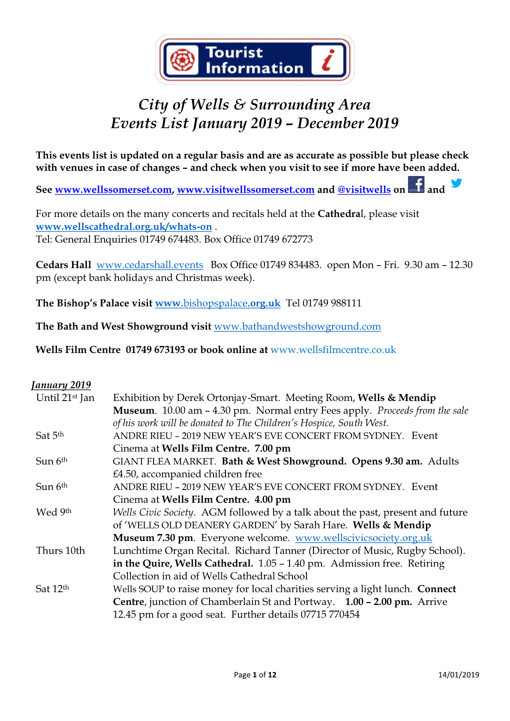 City of Wells & Surrounding Area Events List January 2019