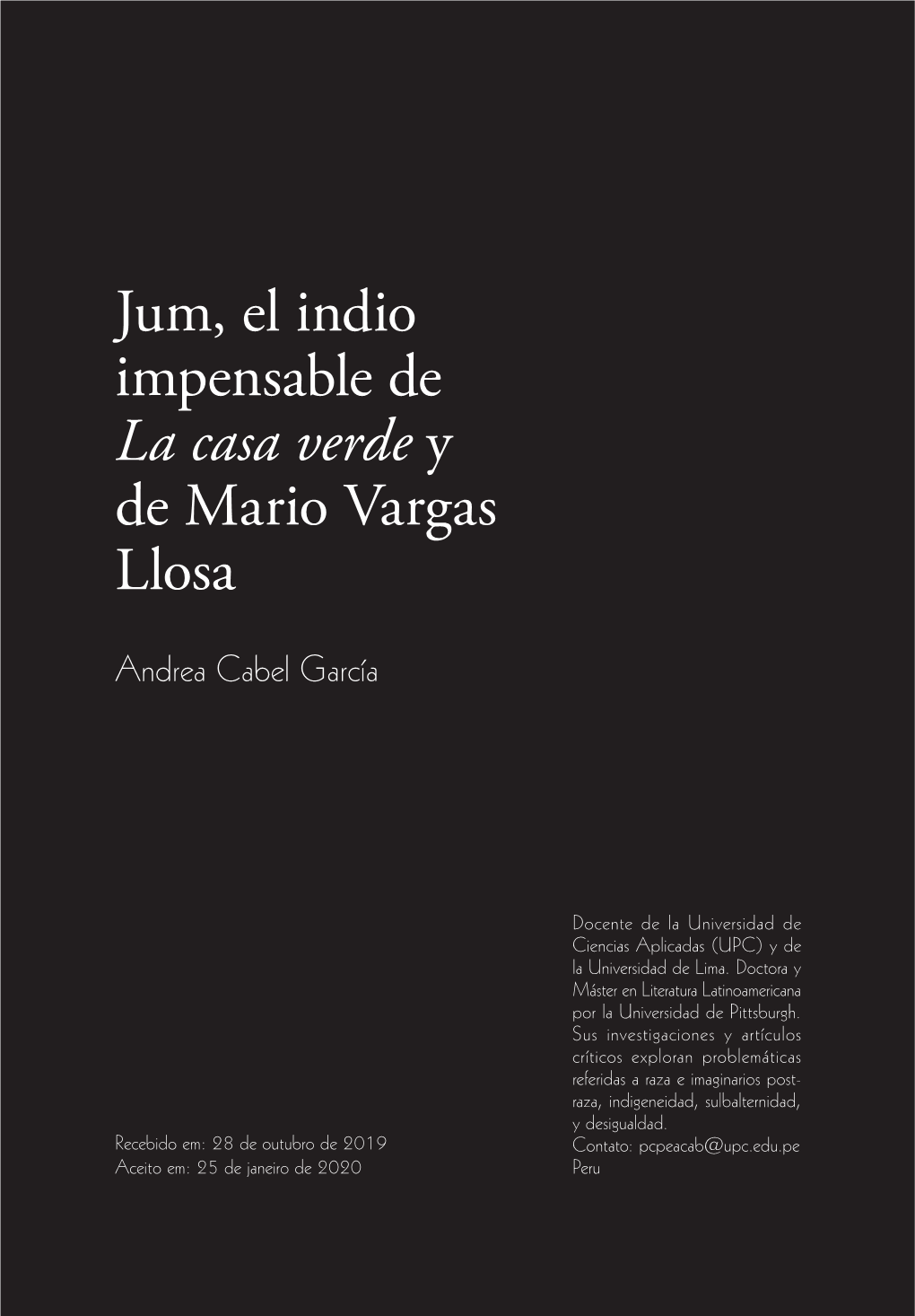 Jum, El Indio Impensable De La Casa Verde Y De Mario Vargas Llosa