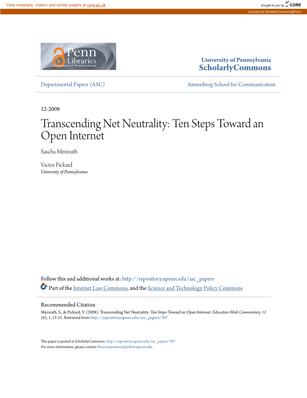 Transcending Net Neutrality: Ten Steps Toward an Open Internet Sascha Meinrath