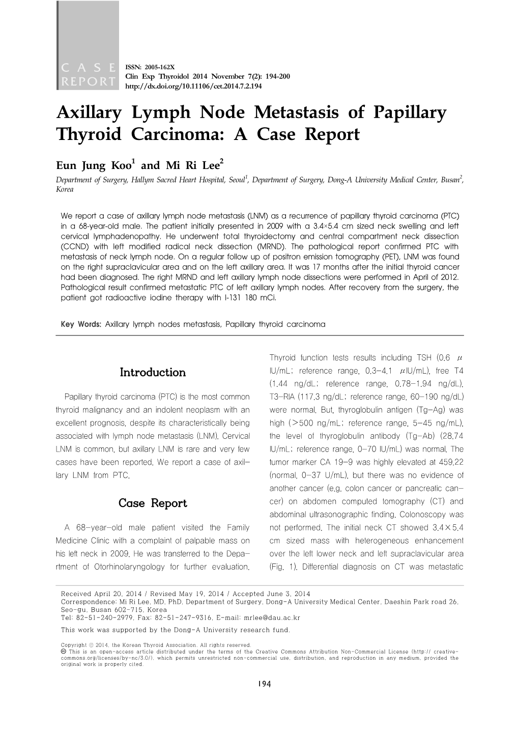 Axillary Lymph Node Metastasis of Papillary Thyroid Carcinoma: a Case Report