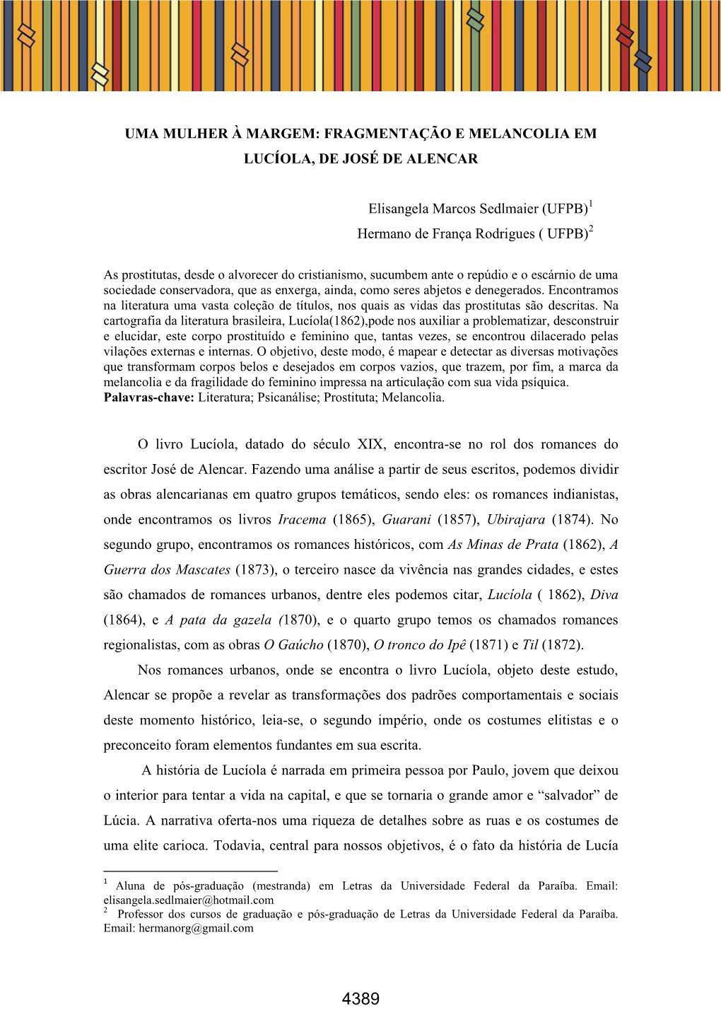 Fragmentação E Melancolia Em Lucíola, De José De Alencar