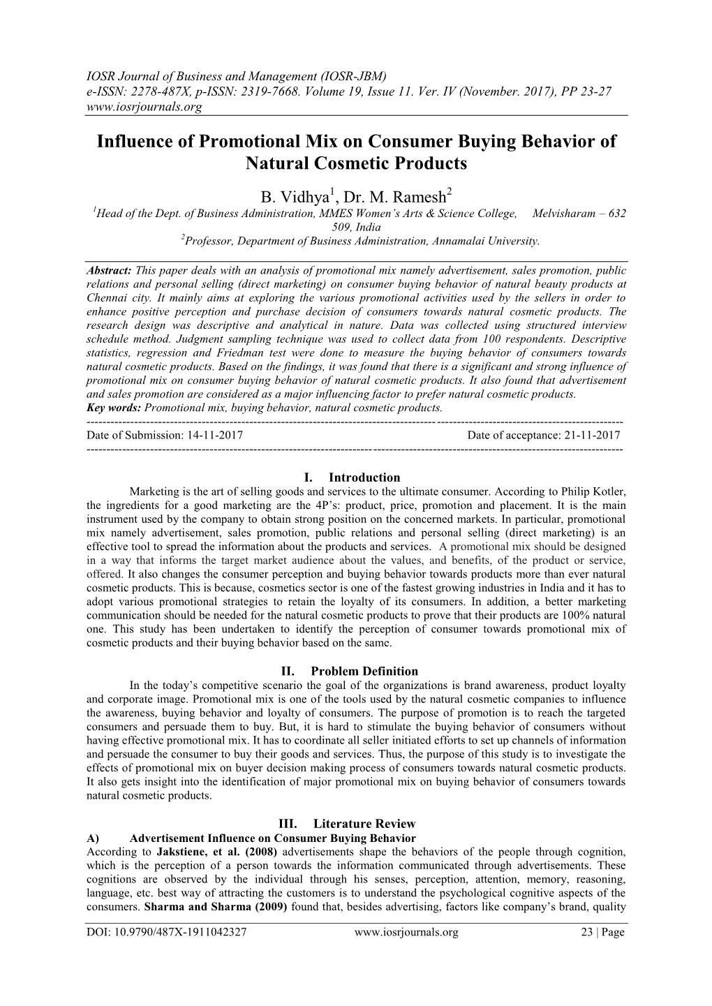 Influence of Promotional Mix on Consumer Buying Behavior of Natural Cosmetic Products