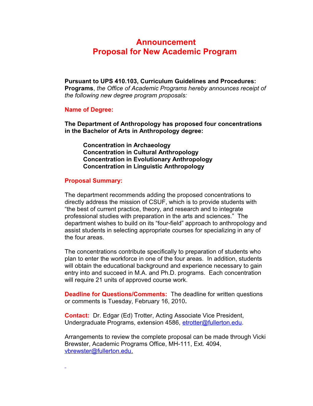 Announcement Proposal for New Academic Program