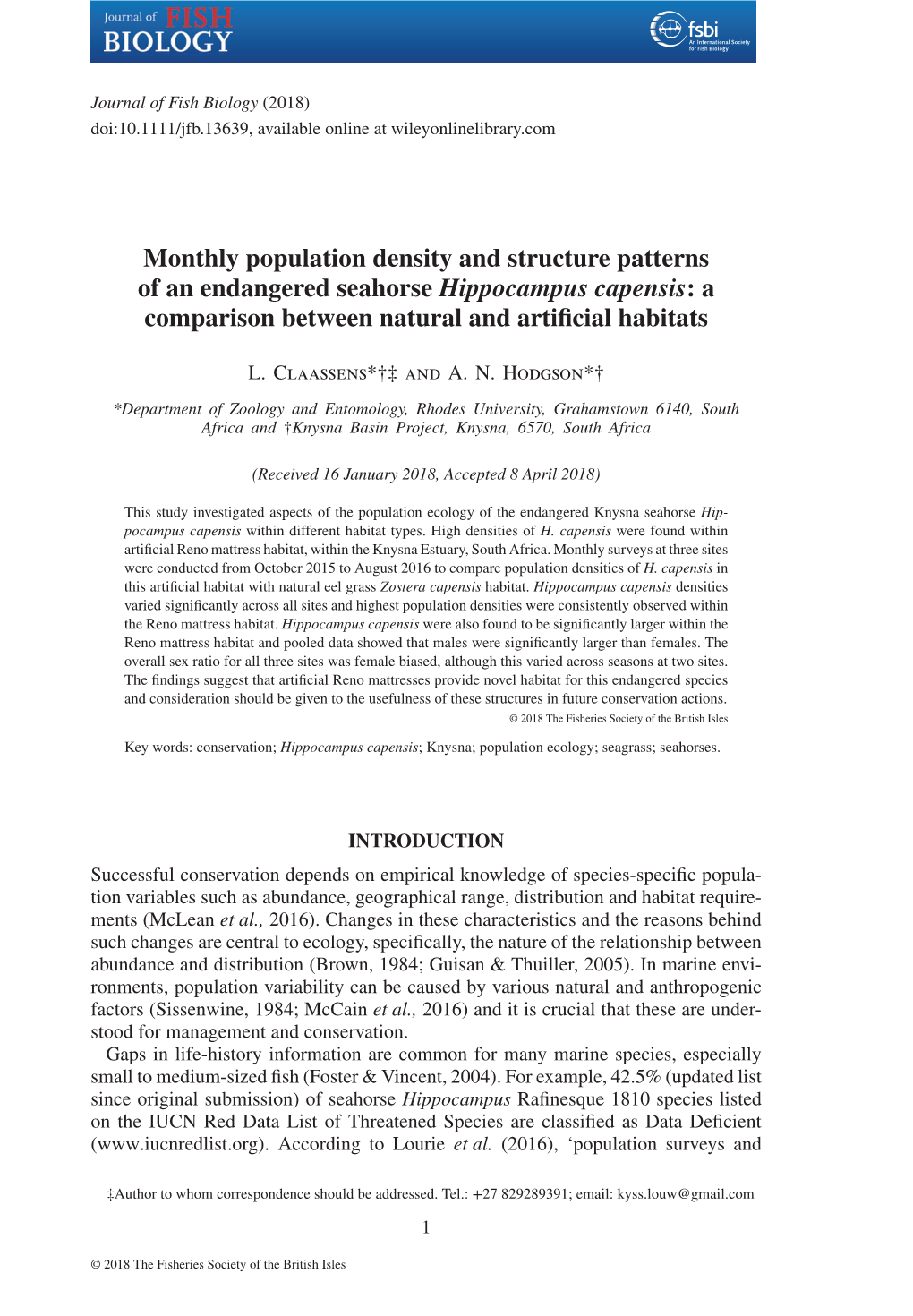 Monthly Population Density and Structure Patterns of an Endangered Seahorse Hippocampus Capensis:A Comparison Between Natural and Artificial Habitats