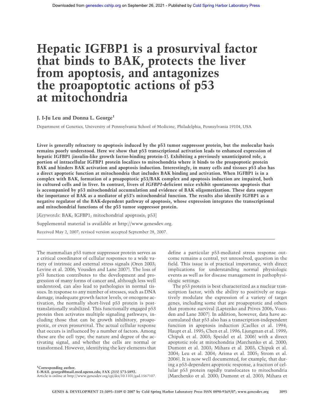 Hepatic IGFBP1 Is a Prosurvival Factor That Binds to BAK, Protects the Liver from Apoptosis, and Antagonizes the Proapoptotic Actions of P53 at Mitochondria