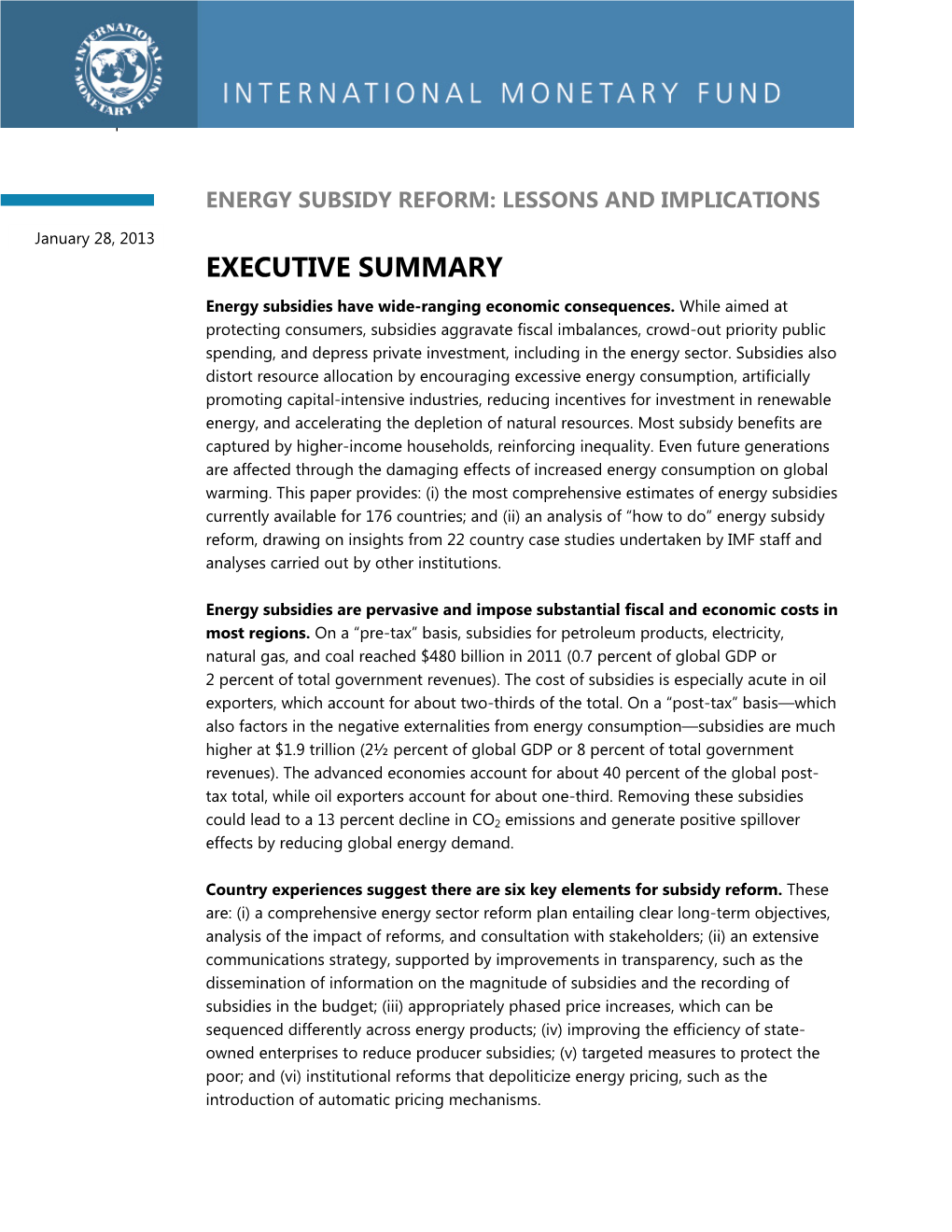 Energy Subsidy Reform: Lessons and Implications