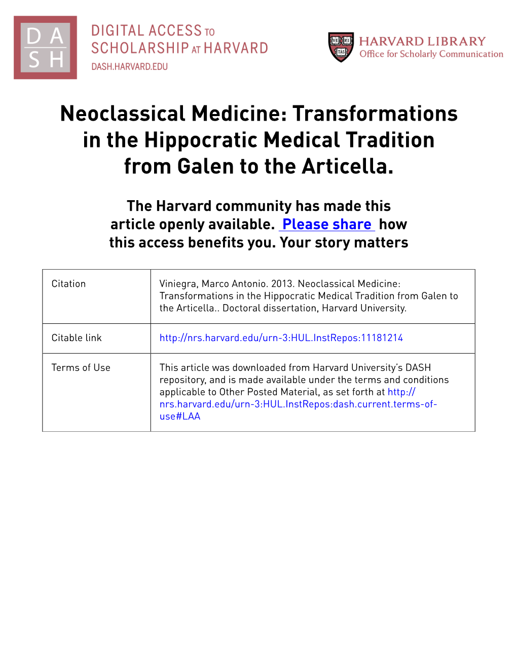 Neoclassical Medicine: Transformations in the Hippocratic Medical Tradition from Galen to the Articella