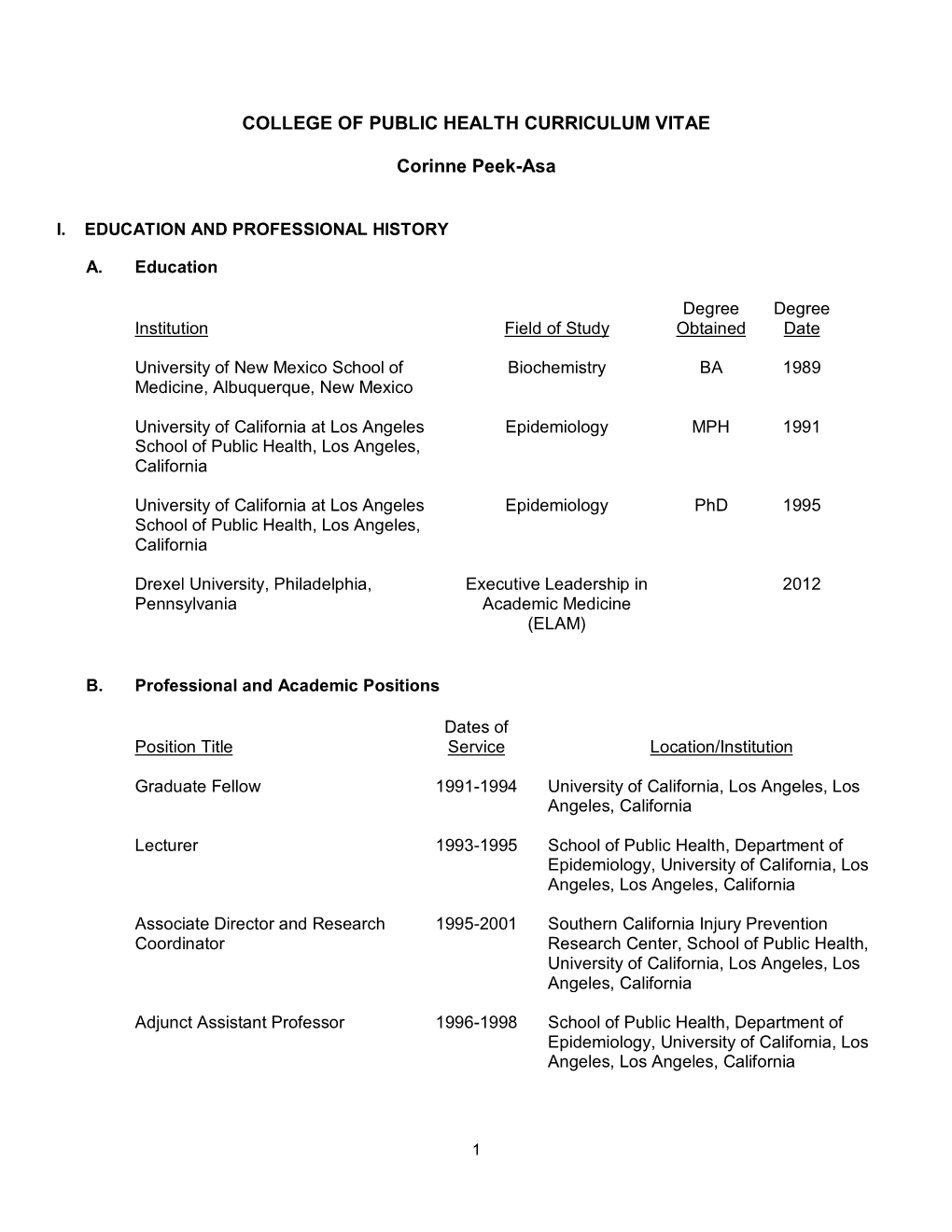 COLLEGE of PUBLIC HEALTH CURRICULUM VITAE Corinne Peek-Asa