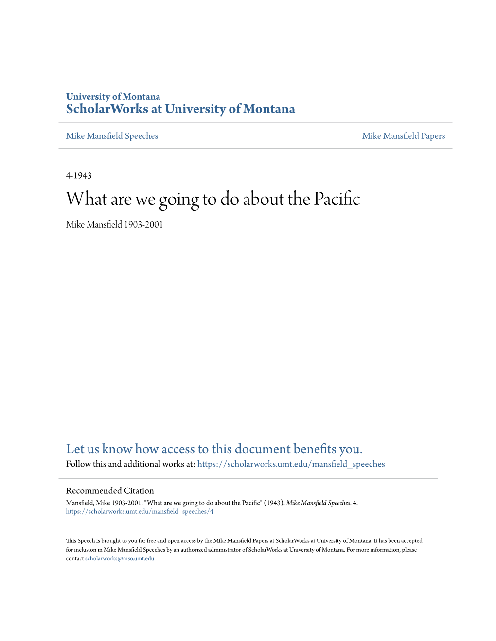 What Are We Going to Do About the Pacific Mike Mansfield 1903-2001