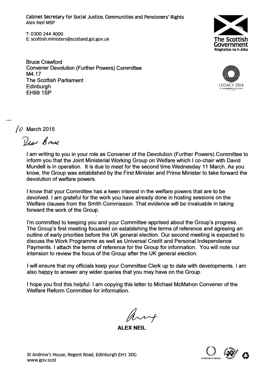 Letter Fromn Alex Neil on the Joint Ministerial Group on Welfare To