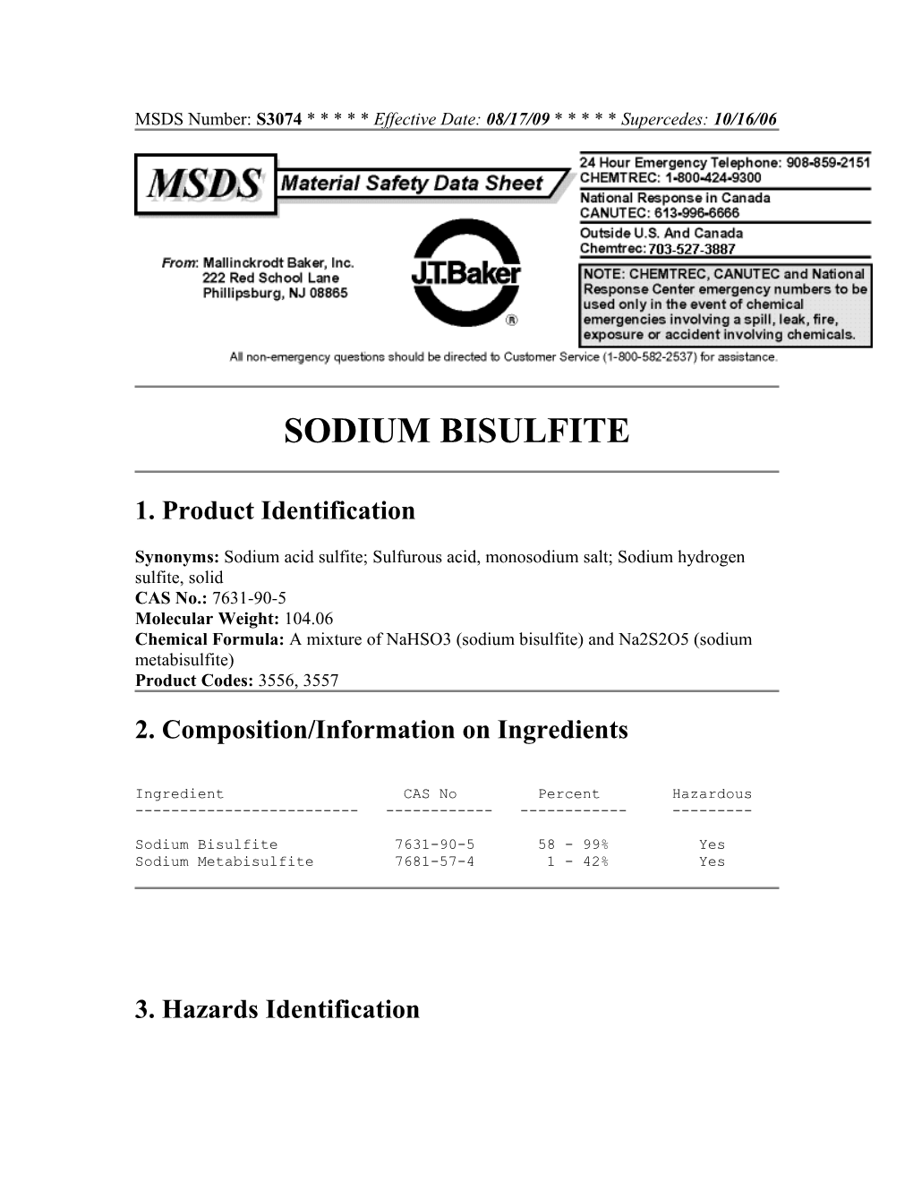 MSDS Sodium Bisulfite Sodium Metabisulfite Mix