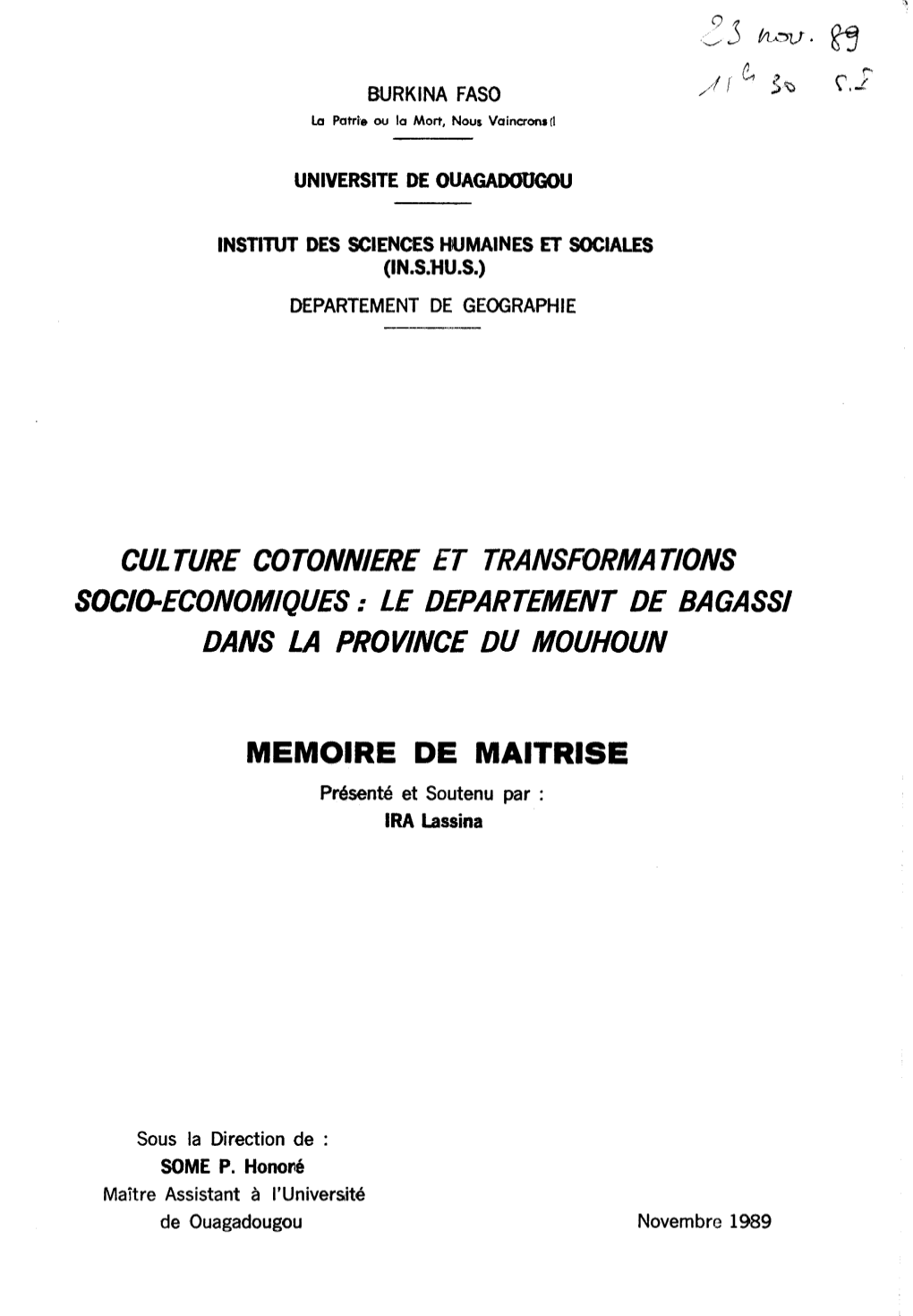 Culture Cotonnière Et Transformations Socio-Économiques : Le