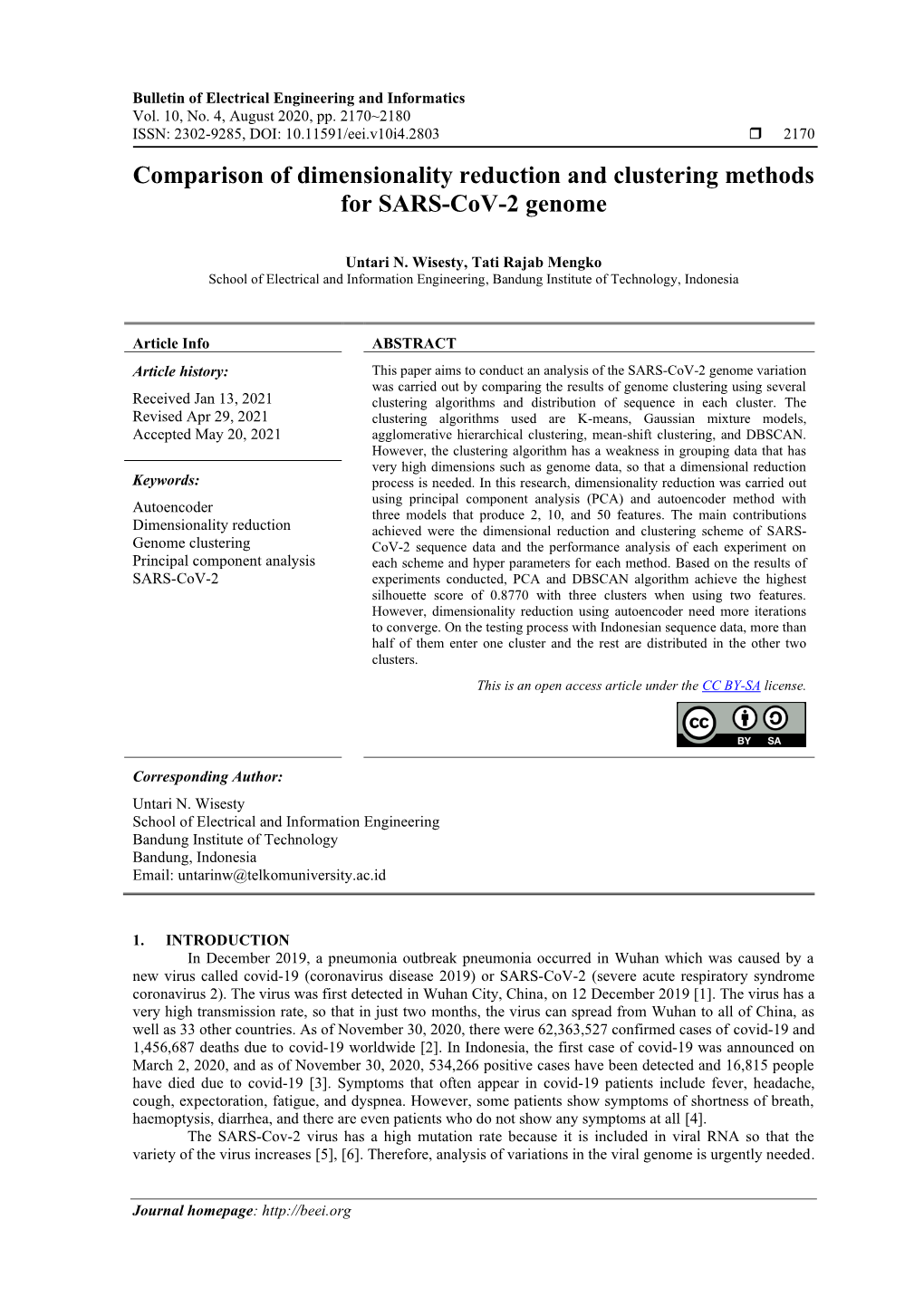 Comparison of Dimensionality Reduction and Clustering Methods for SARS-Cov-2 Genome
