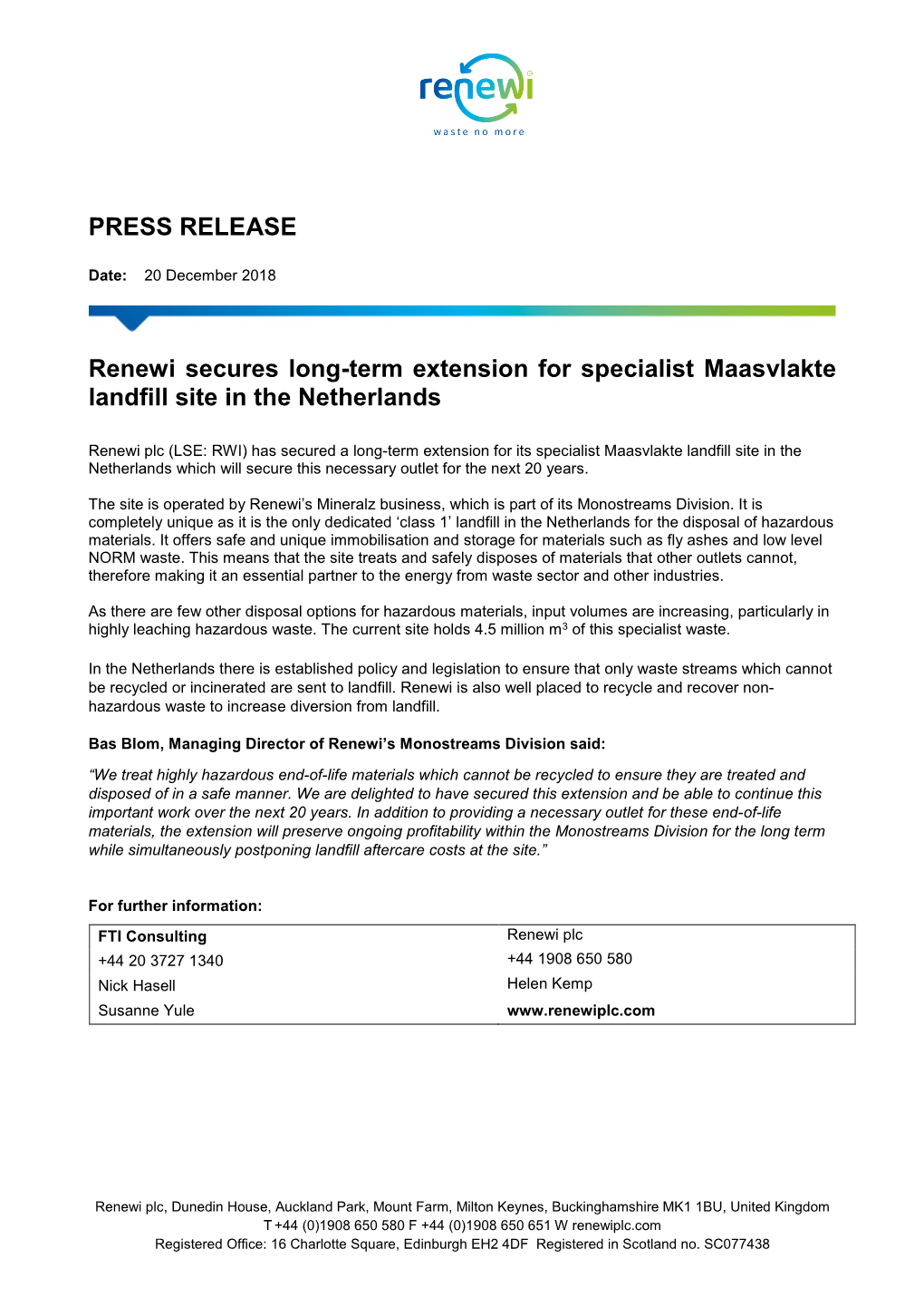 Renewi Secures Long-Term Extension for Specialist Maasvlakte Landfill Site in the Netherlands